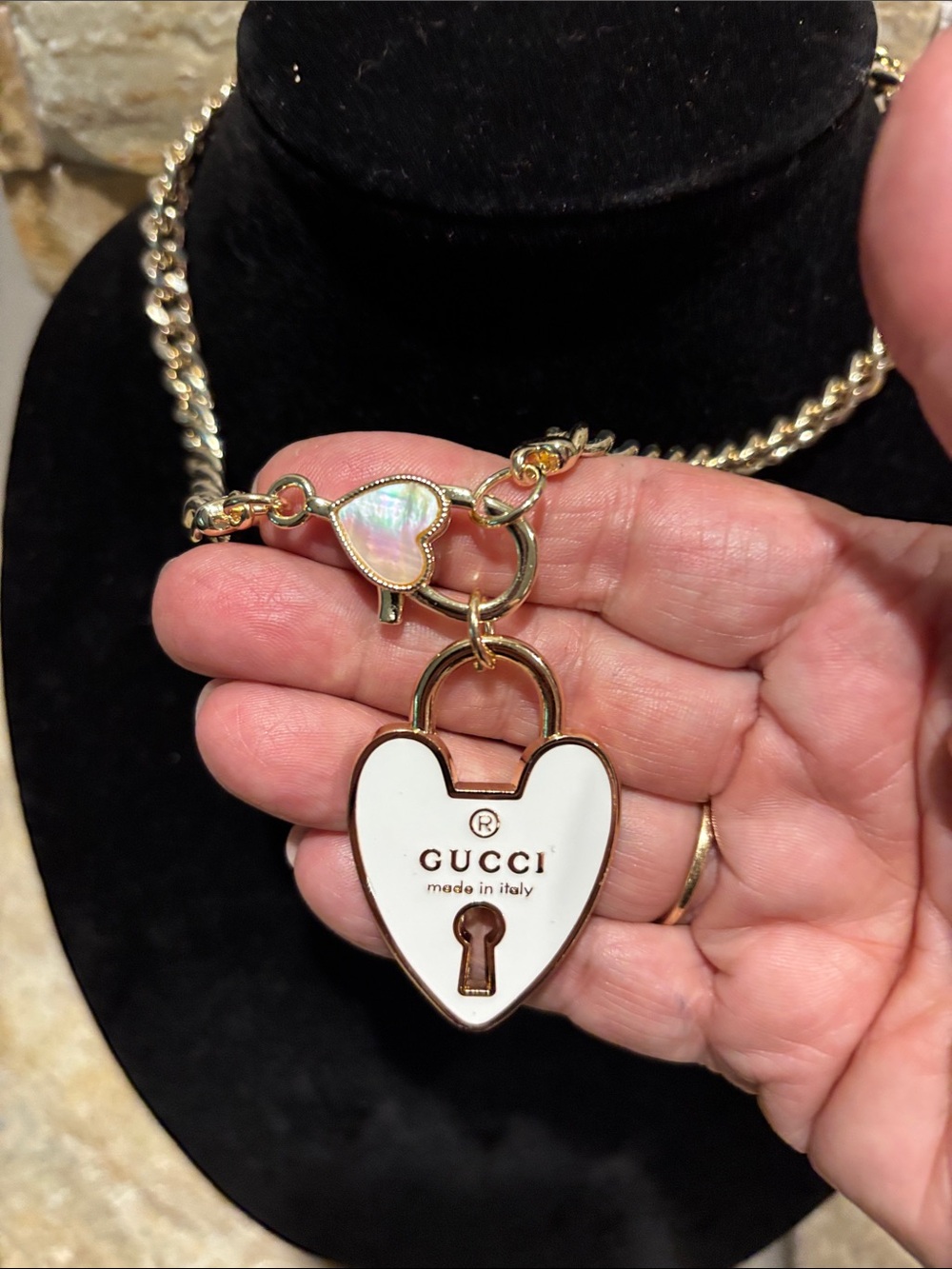 Gucci White Enamel Heart Padlock Necklace with Gold Chain - Picture 2 of 5
